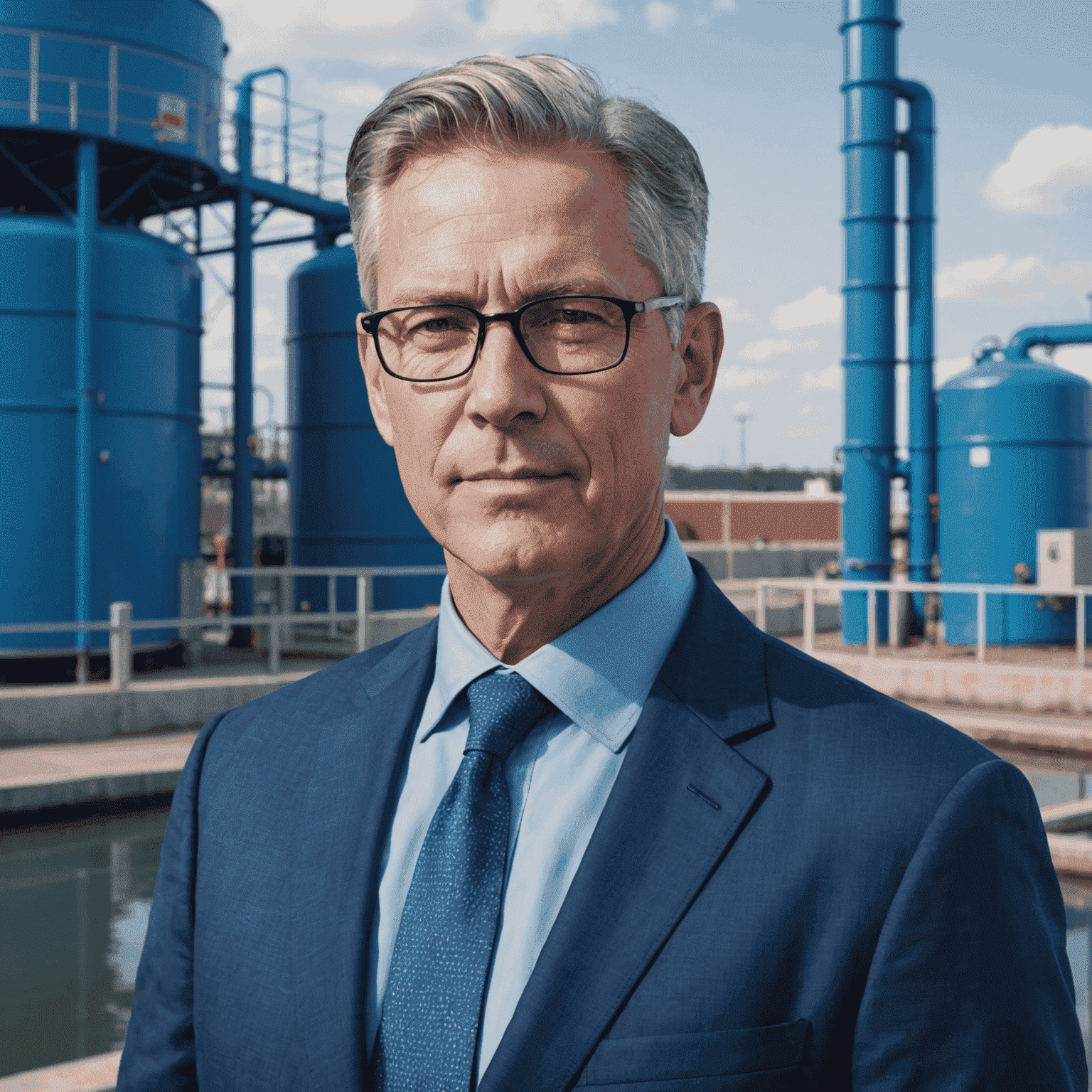 Portrait of John Doe, a middle-aged man with short grey hair and glasses, wearing a blue business suit, standing in front of a water treatment facility