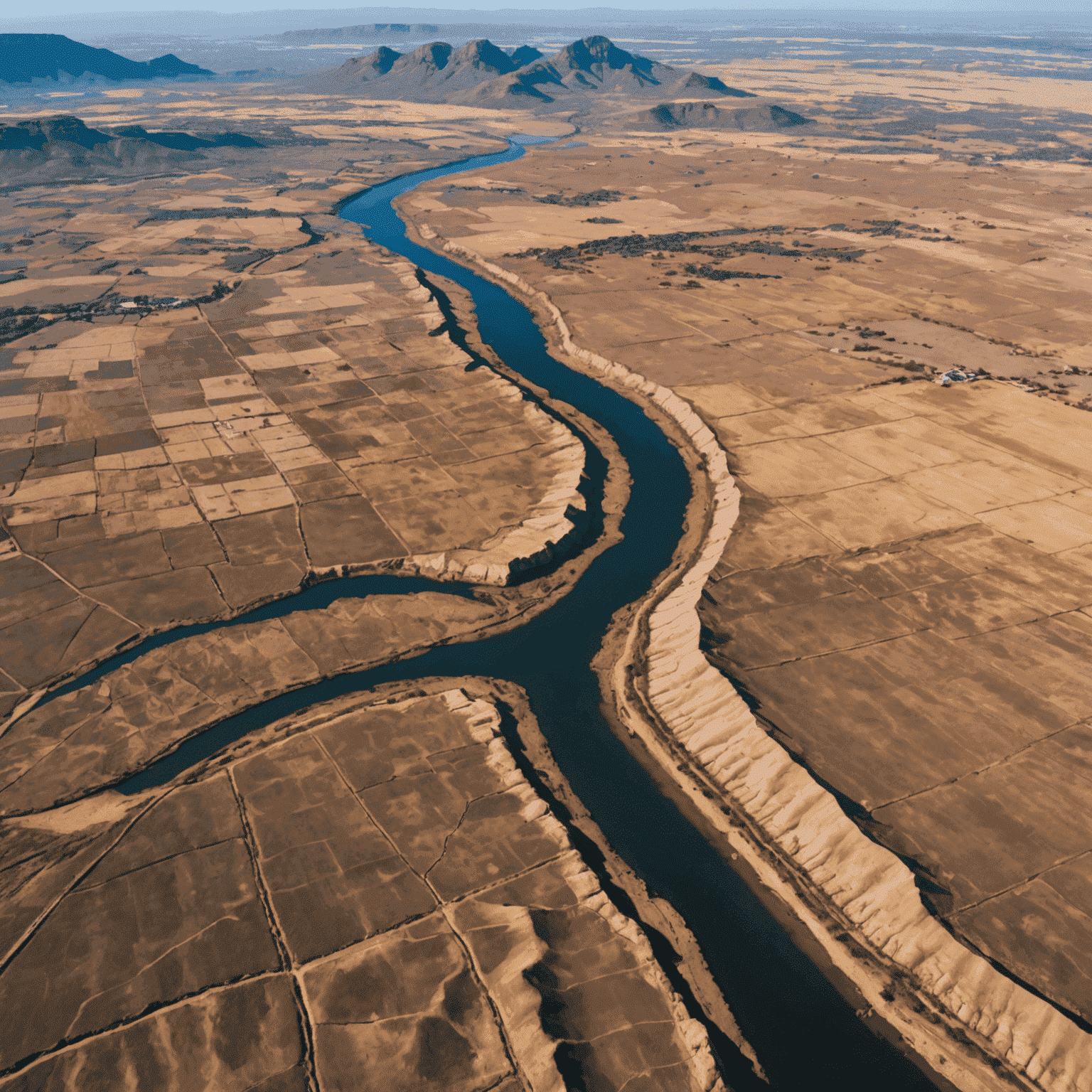 Aerial view of a South African landscape showing water scarcity, with dry riverbeds and parched farmlands contrasting with urban areas