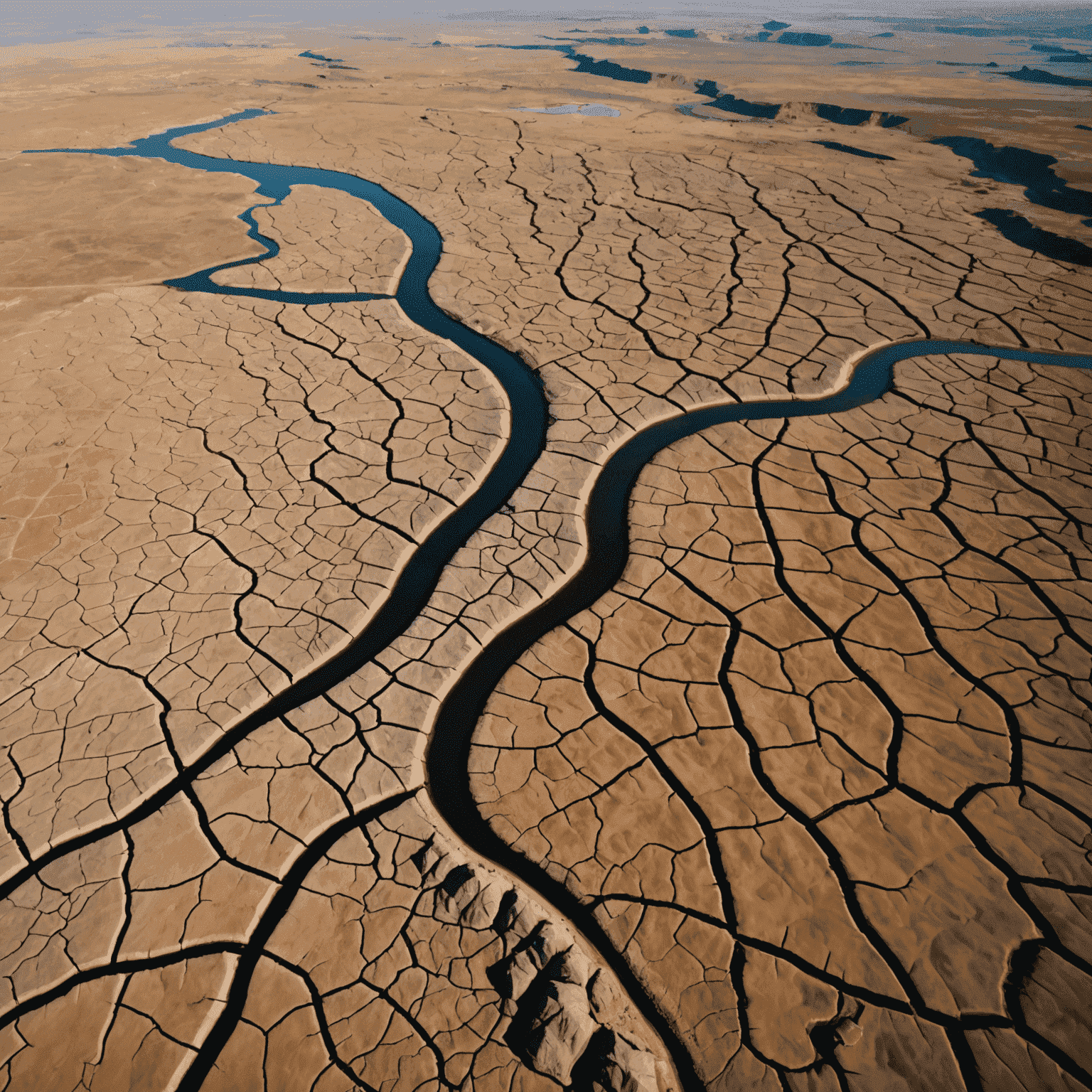 Aerial view of a drought-stricken landscape in South Africa, showing dried-up riverbeds and parched earth, illustrating the severe impact of climate change on water resources