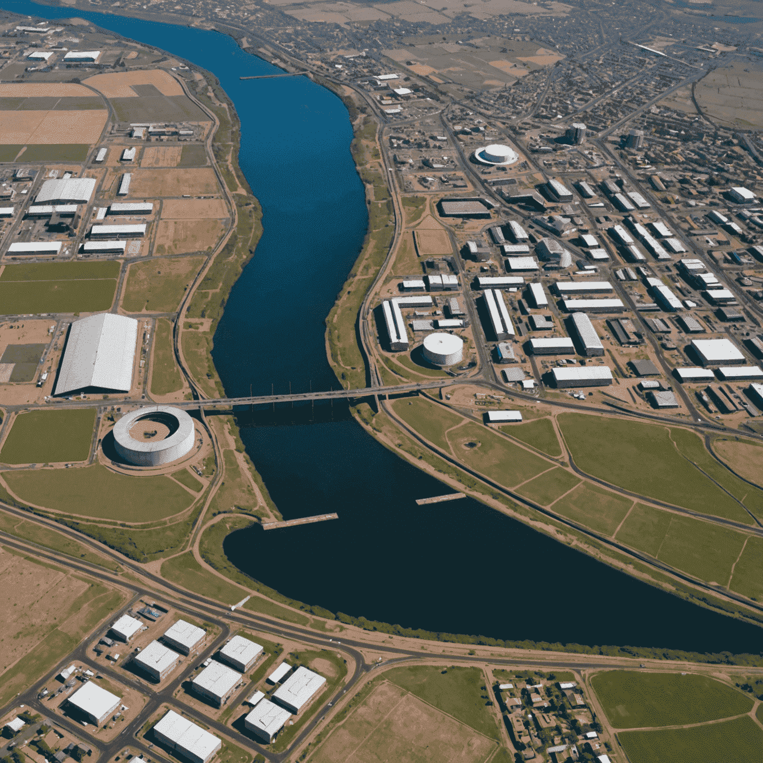 Aerial view of a South African city with visible water infrastructure, including reservoirs and treatment plants