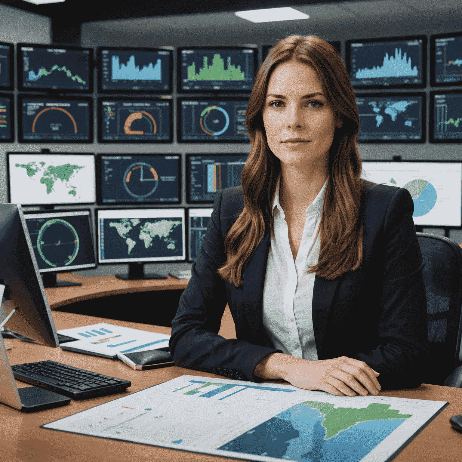 Portrait of Jane Smith, a young woman with long brown hair, wearing a white blouse and black blazer, sitting at a desk with multiple computer screens showing water management dashboards