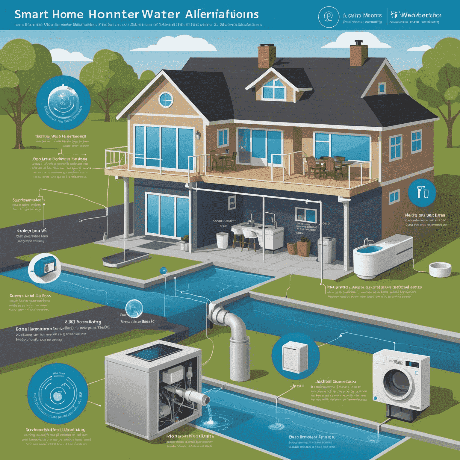 Infographic showing smart home water conservation techniques, including IoT-enabled water meters and greywater recycling systems