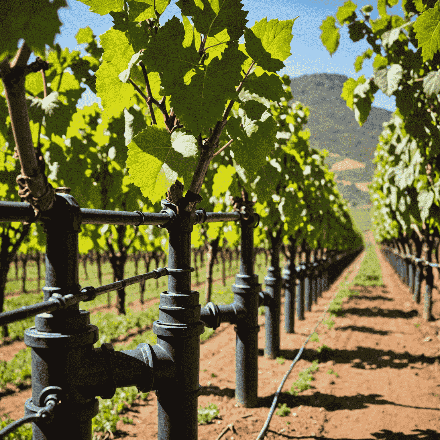 Close-up of a drip irrigation system in a South African vineyard