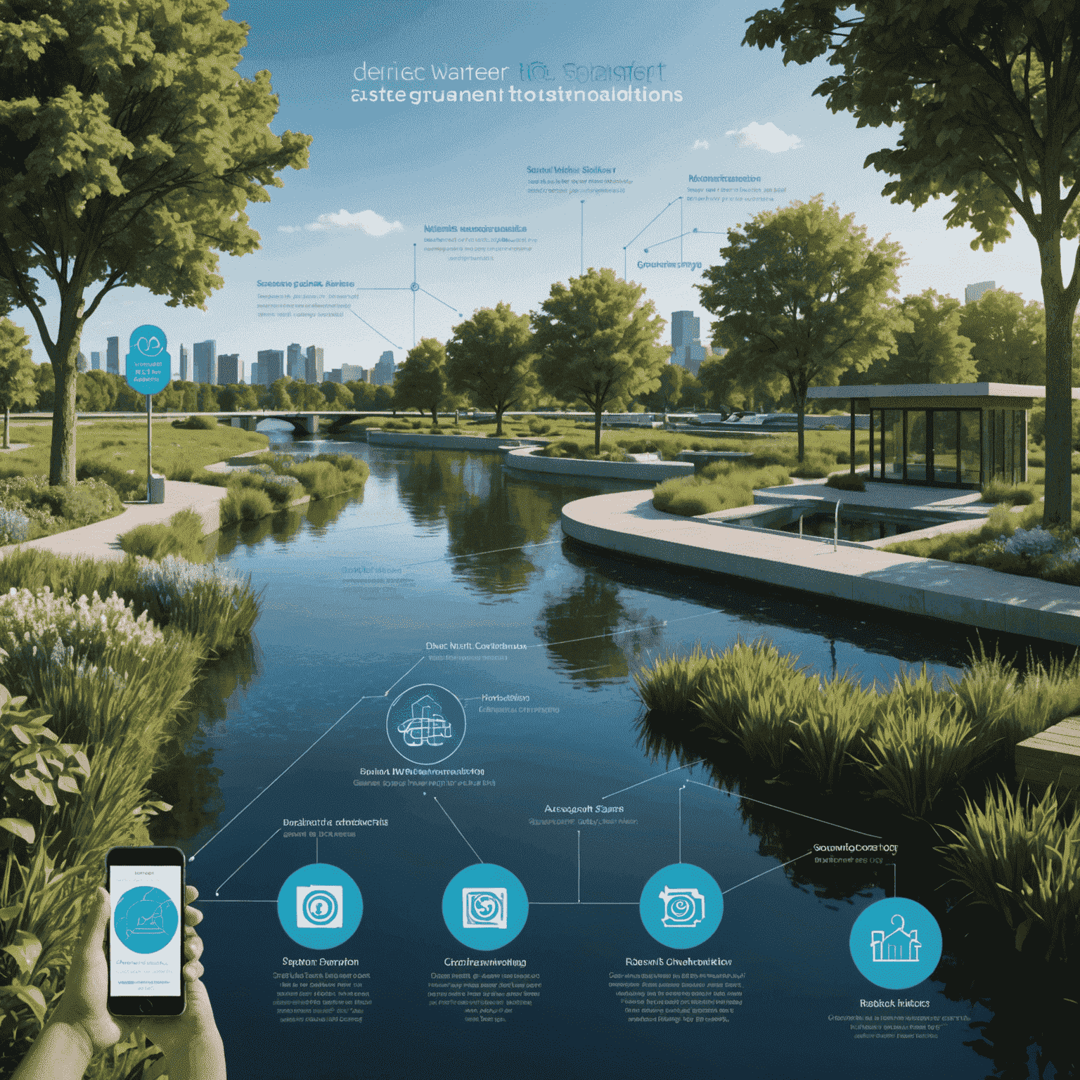 Infographic showing smart water management solutions including IoT sensors, data analytics dashboards, and green infrastructure