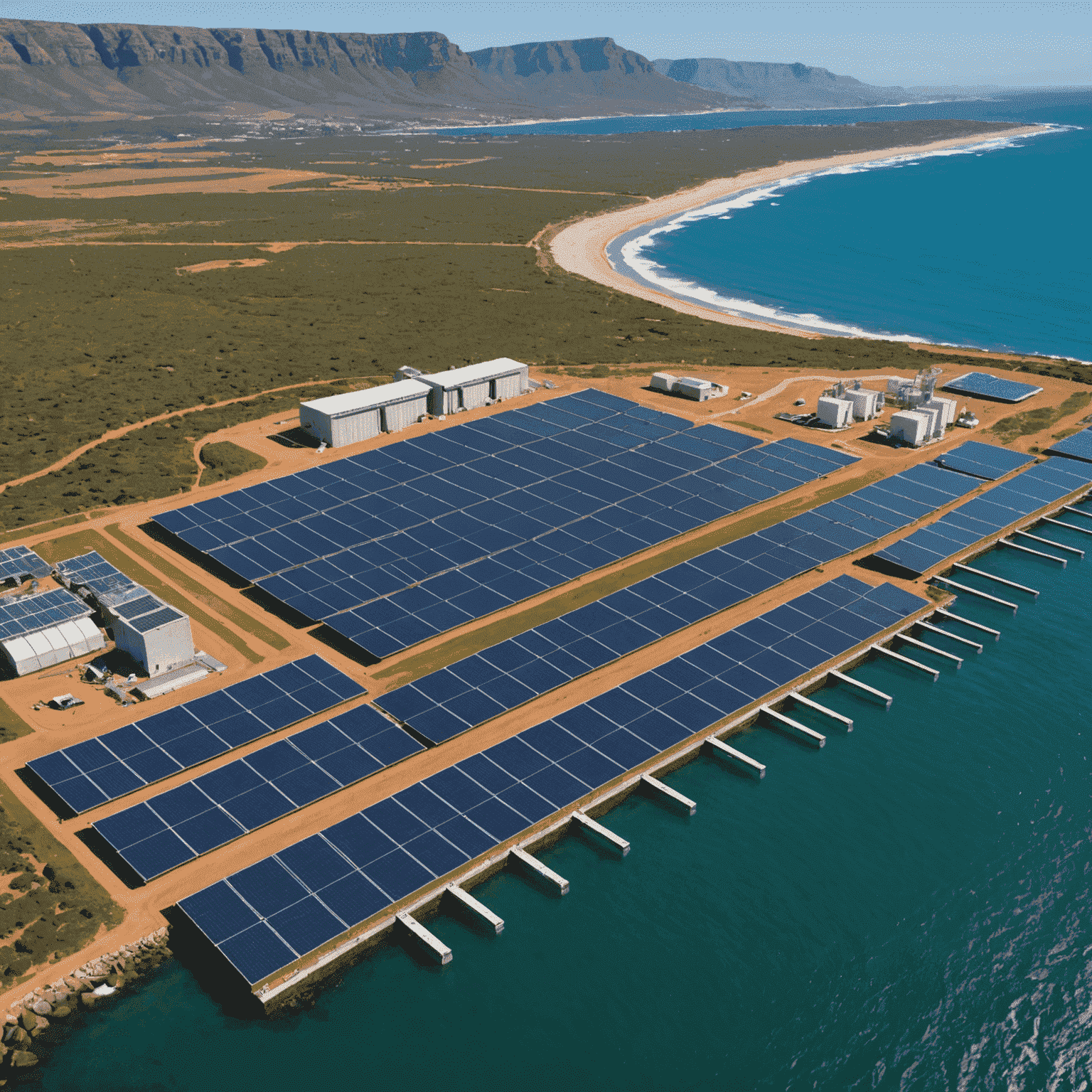 Solar-powered desalination plant on the coast of South Africa with large solar panel arrays