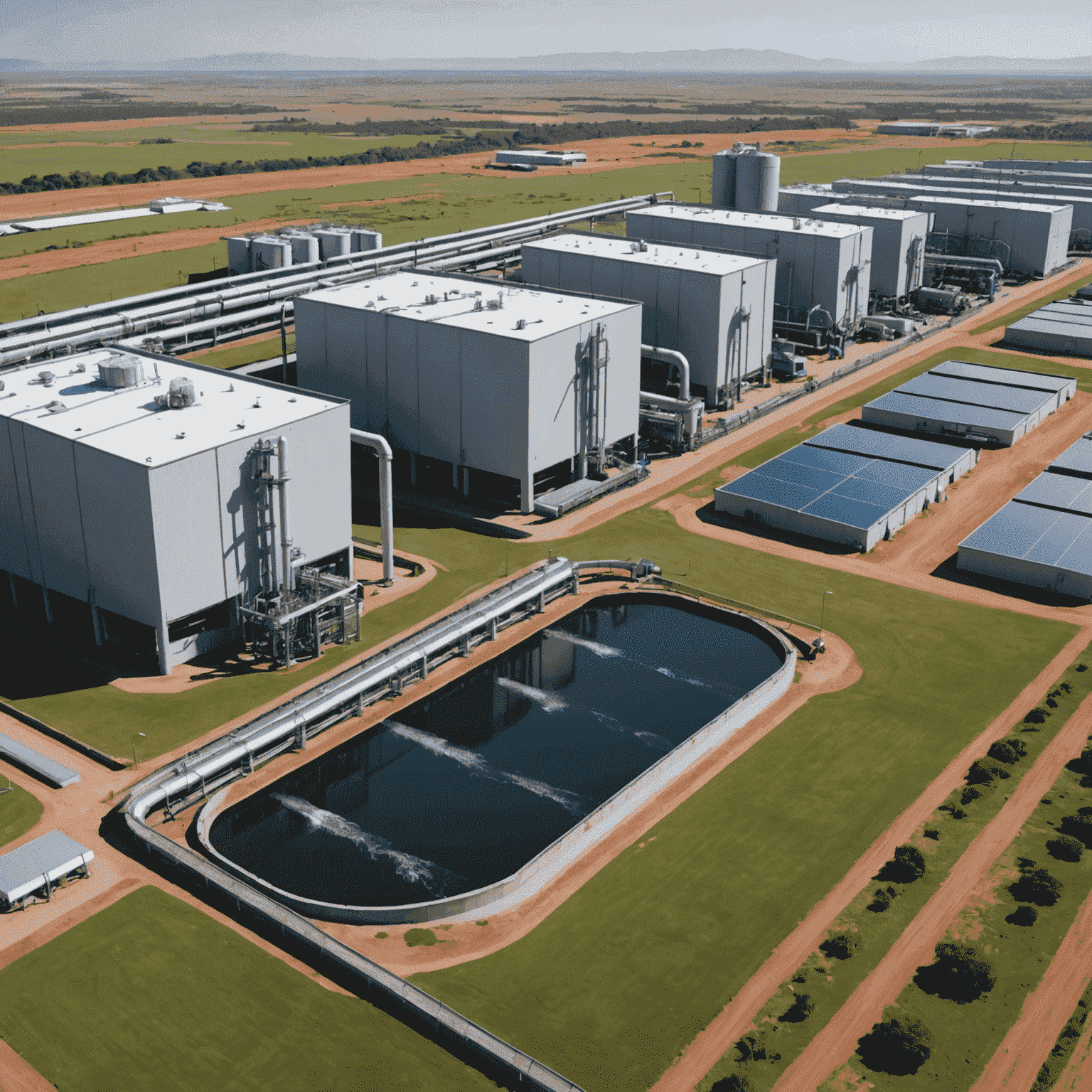 A modern South African factory implementing water-saving technologies, showcasing closed-loop systems and water treatment facilities