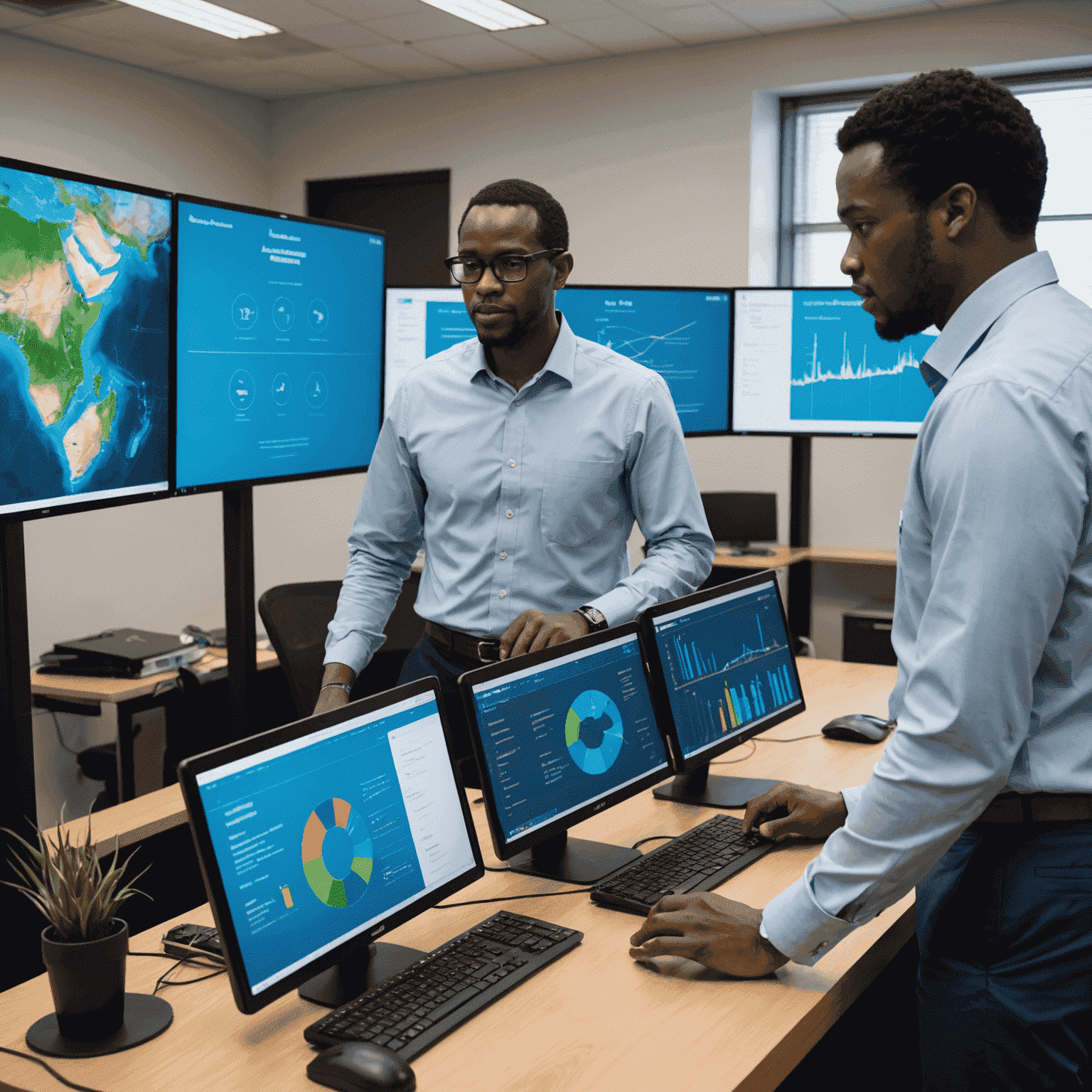 A team of IT consultants working on advanced water management systems, showcasing computer screens with data analytics and Salesforce dashboards related to water resources in South Africa